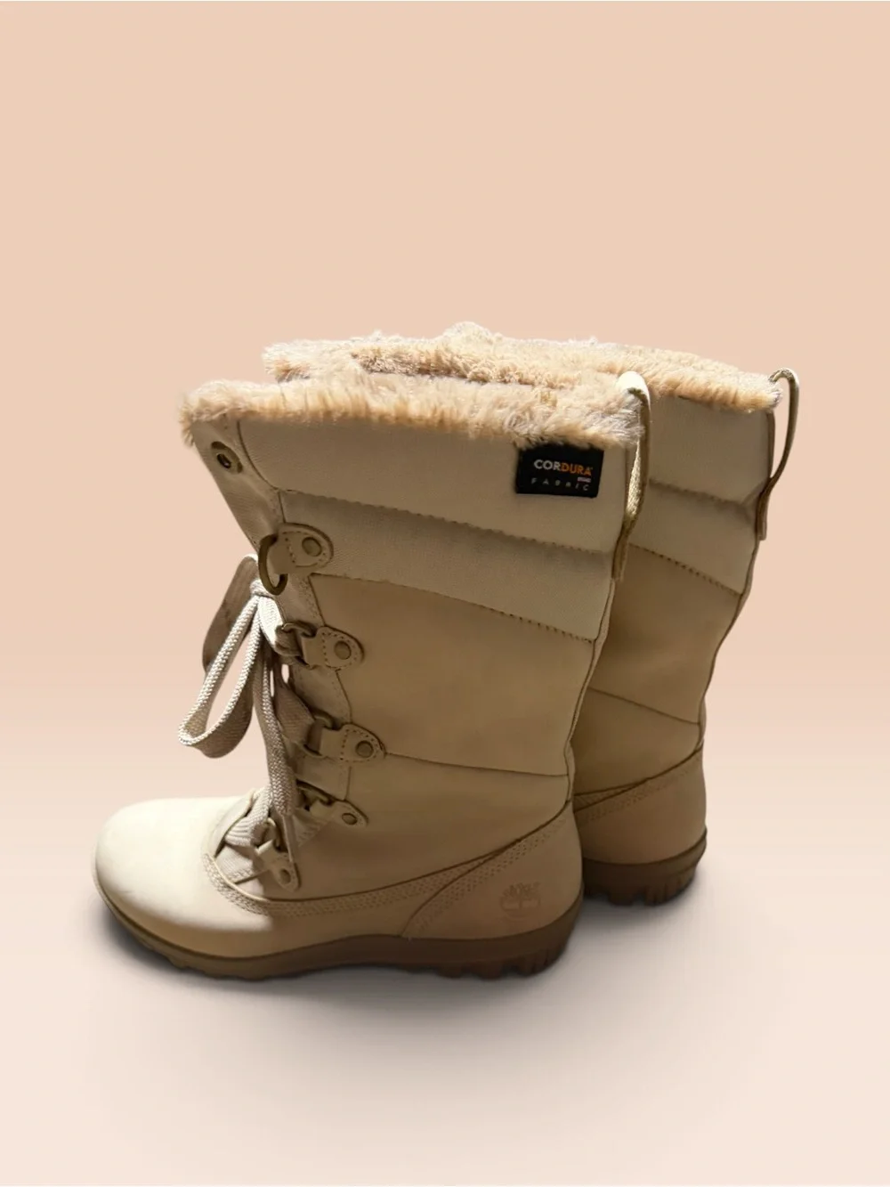 Timberland Unisex Beige Leather Waterproof Faux Fur Lace-Up Mid-Calf Boots 7.5